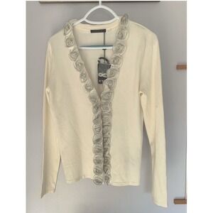 Cyrus Cardigan Sweater Medium Cream Taupe/Grey Florette‎ Rose Embellishment NWT